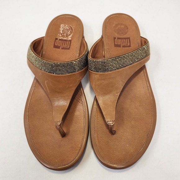 FitFlop Womens Banda Brown Leather Gold Crystal Thong Sandals Size 9 Toe Post - Picture 2 of 9
